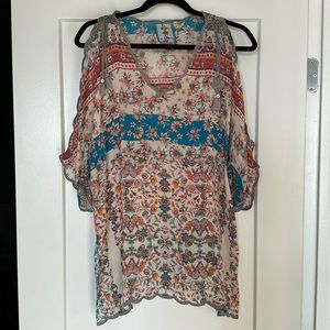 Johnny Was Betimo Floral Cold Shoulder Boho Scalloped Blouse Tassel Size Small